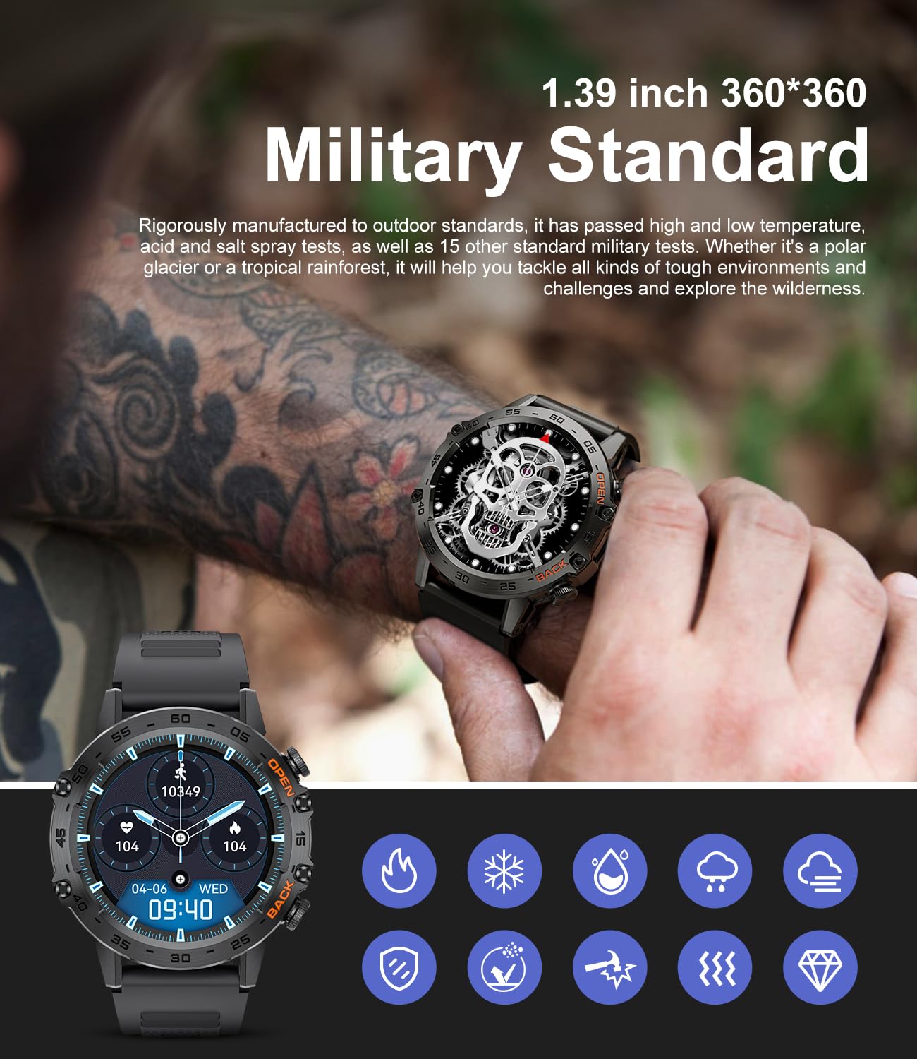 Military Smart Watch For Men(Answer/Dial Calls),100 Sports Modes, 5Atm Waterproof Fitness Watch With Heart Rate/Spo2/Blood Press